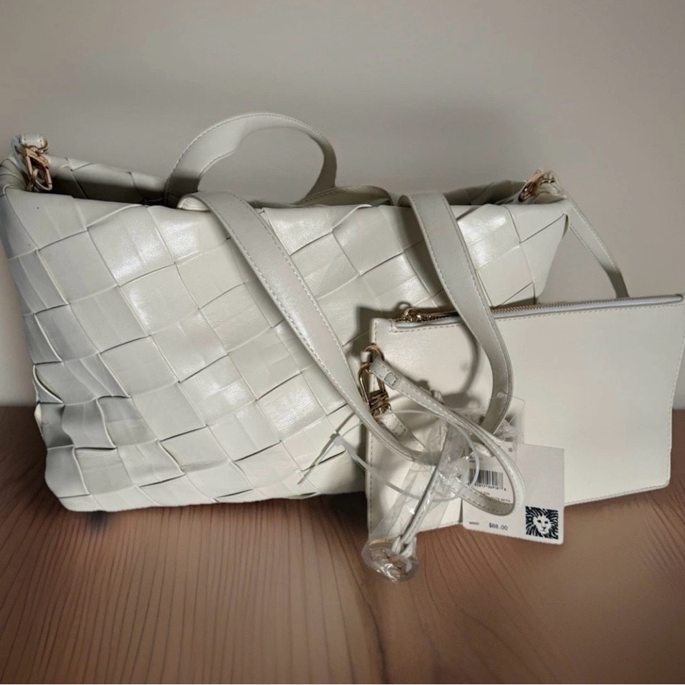 Anne Klein Woven Lg Tote Bag Ivory Vegan Leather w/Cosmetic Bag Crossbody NWT
